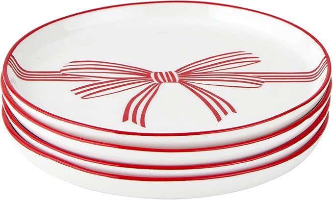 THINGS REMEMBERED Set of 4 Red Bow Appetizer Plates