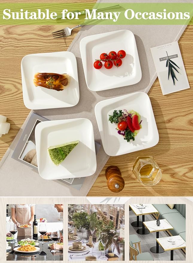 TAMAYKIM 7.3 Inch Porcelain Dessert Plates 10 Pieces, Appetizer Plates, Square Salad Dinnerware Sets, Scratch Resistant, Microwave, Oven and Dishwasher Safe, White