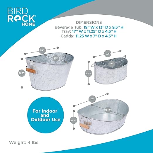 BIRDROCK HOME Galvanized Beverage Tub, Caddy and Tray Set - 3 Piece - Party Tray Platter Drink Holder - Silverware Caddy - Wooden Handles