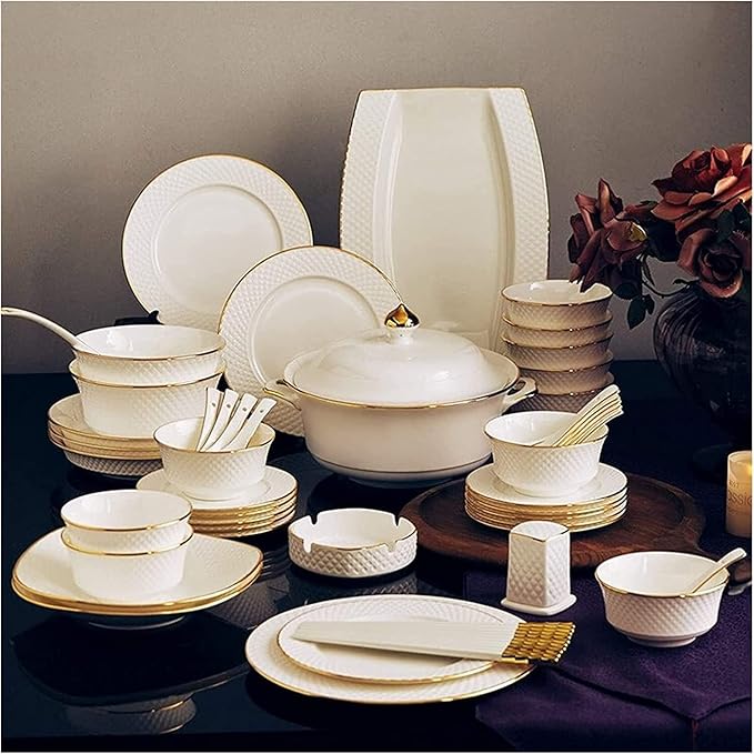 ERoomQ Dinnerware Set Dinner Party Tableware Service Set High-End Dinner Set, Ceramics Dinner Set, 58 Pieces Relief Bone China Dinnerware Sets | Porcelain Steak Plate and