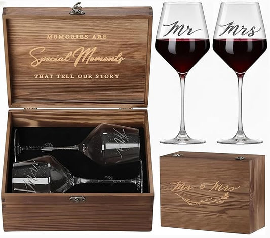 Christmas Mr Mrs Wine Glasses for Couples – Engagement, Wedding & Newlywed Gift for Couples, Just Engaged Gifts for Women, Woonden Memory Box Xmas Couple Present