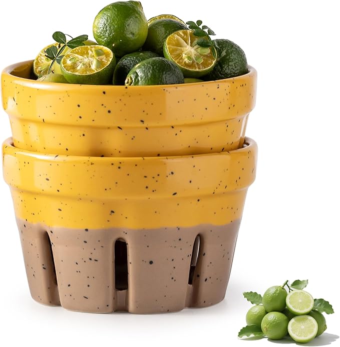 Gomakren Ceramic Fruit Basket Set of 2, Round Fruit Bowls with Holes, Rustic Berry Basket Containers for Kitchen, Berries, Strawberry, Grape, Cherry, Yellow + Brown