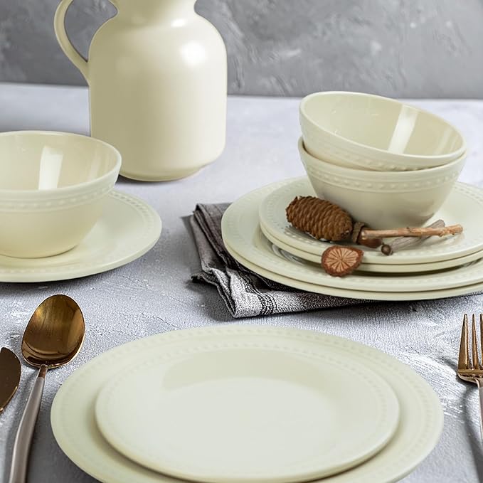 Cream Melamine Dinnerware Sets of 12 Pcs, BPA Free Dishes Set, Plates and Bowls Sets for Indoor Outdoor Dining on the Beach, RV, Camping Use,Lightweight Unbreakable Dishwasher Safe