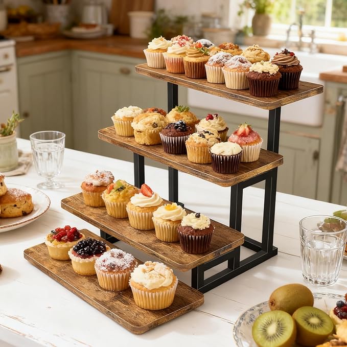 Cupcake Stand for 50 Cupcakes, 4 Tier Wooden Risers Display Stands Stepped Dessert Table Display Set with Metal Frame Tiered Tray Stand Serving Trays for Party Farmers Market Display
