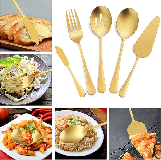 Vesteel 45 Pieces Gold Silverware Set with Serving Utensils, Stainless Steel Modern Flatware Cutlery Set for 8, Eating Utensils Tableware Include Forks Knives Spoons, Mirror Polished