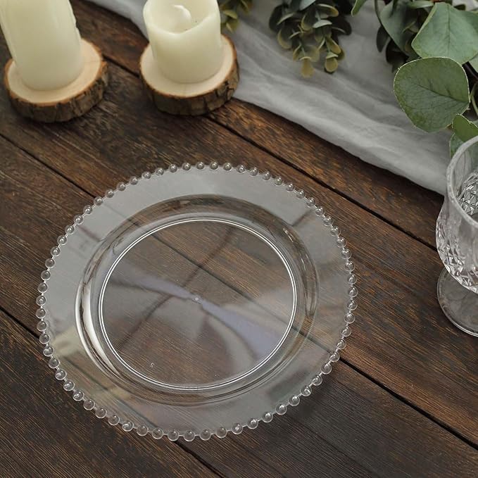 10" Dinner Plates - Set of 30 - Plastic Clear Round Disposable Plate Beaded Rim, Ideal for Decoration Party Wedding Bulk Events