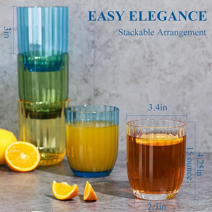 AKMQYM Acrylic Clear Highball Plastic Cups | Plastic Reusable Tumblers 15oz (Set of 8) | Stackable | BPA-free Tumblers | Shatterproof | Top-rack Dishwasher Safe