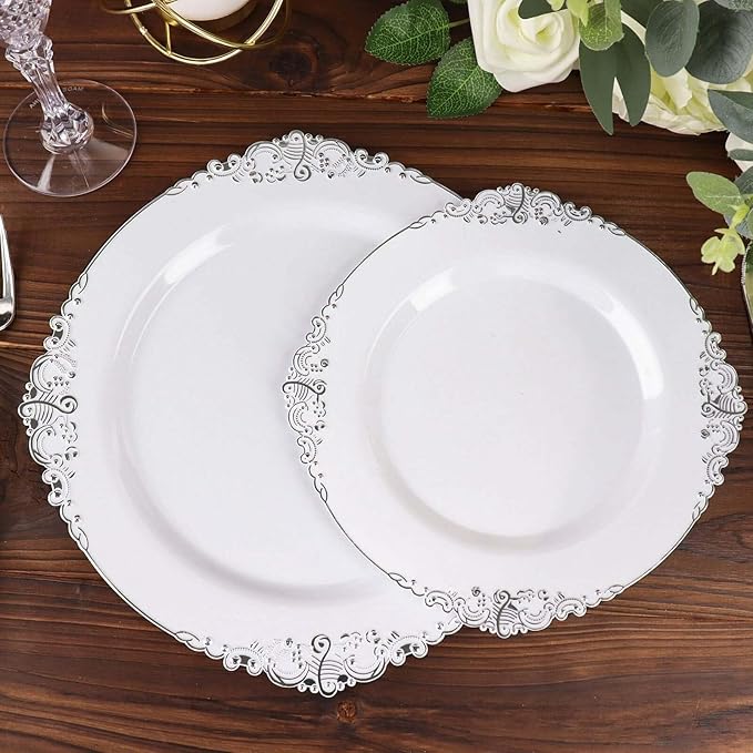 8" Salad Plates -Set of 30 - Plastic White Silver Round Baroque Disposable Chargers Leaf Embossed Rim, Ideal for Dinner Party Wedding Bulk Events
