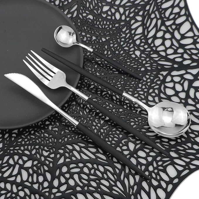 Mirror Silverware Set,24-Piece 304 Stainless Steel Shiny Flatware Set,Kitchen Utensil Set,Tableware Cutlery Set for Home and Restaurant, Dishwasher Safe Service For 6 (Black Handle Silver)