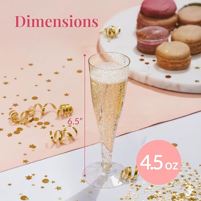 Prestee 200 Disposable Champagne Flutes Gold Glitter Glasses - 4.5 Oz Plastic Champagne Cups for Parties, Wedding Toasts, Mimosa Bar, and New Year’s Eve - Elegant Bulk Gold Plastic Wine Flutes