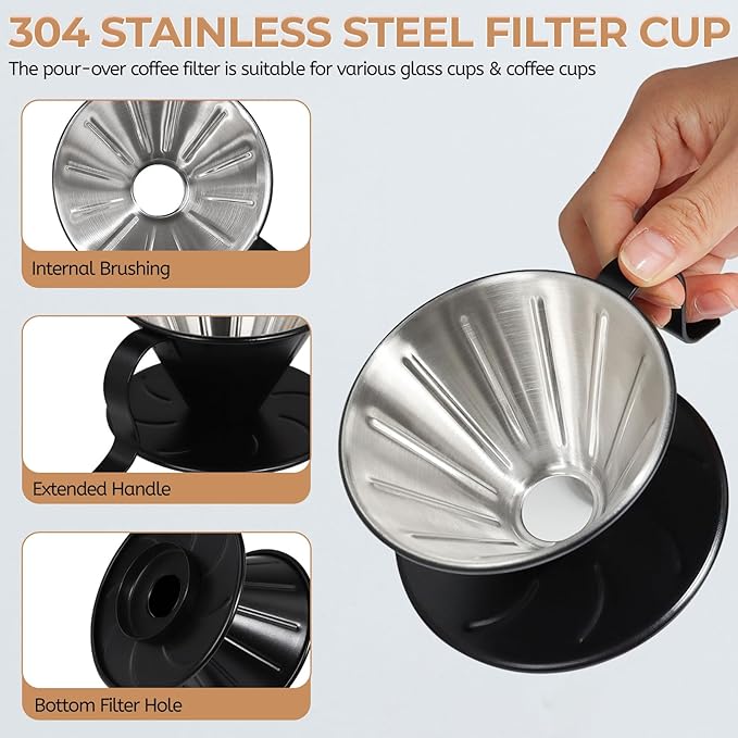Uncoated Pour Over Coffee Maker 350ml Milk Frothing Pitcher 304 Thickened Stainless Steel Drip Coffeemaker Set with 50pcs V60 Cone Paper Filters Hand Brew Dripper Carafe for Home Camping Travel 12oz