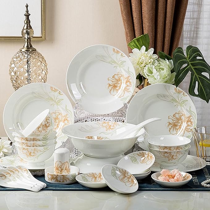 Gold Rim Ceramic Tableware Set Handmade Modern White China Ceramic Floral Tableware Set Suitable for Family Hotel Restaurant 58 Piece