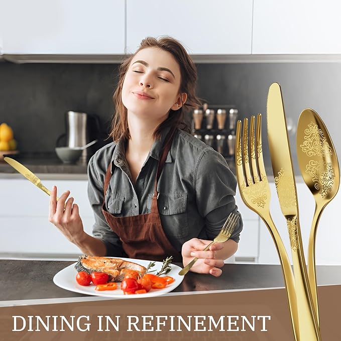 30-Piece Stainless Steel Silverware Set, Elegant Floral Engraved Cutlery Flatware Set for 6, Golden Tableware Utensil Sets Durable Include Fork Spoon Knife with Mirror Polish