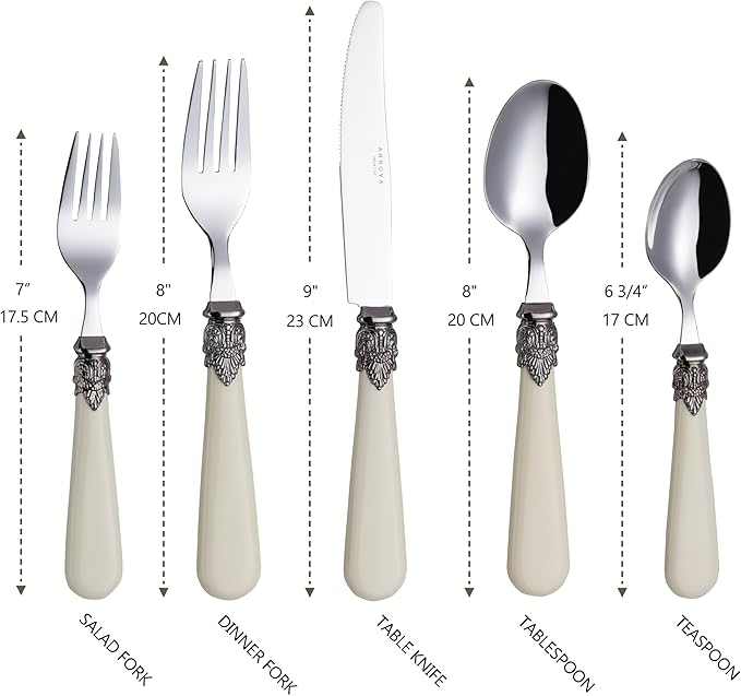ANNOVA Flatware 20 Pieces Set/Stainless Steel Vintage Silverware/Cutlery, Dinner Knife/Dinner Fork/Salad Fork/Dinner Spoon/Dessert Spoon, Mirror Polished, Service for 4 - Ivory/Cream