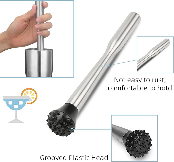 Muddler for Cocktails Stainless Steel, Muddlers Pestle with Stirring Spoon, Bartender Cocktail Shaker Bar Tool Set - Bar Spoon and Muddler