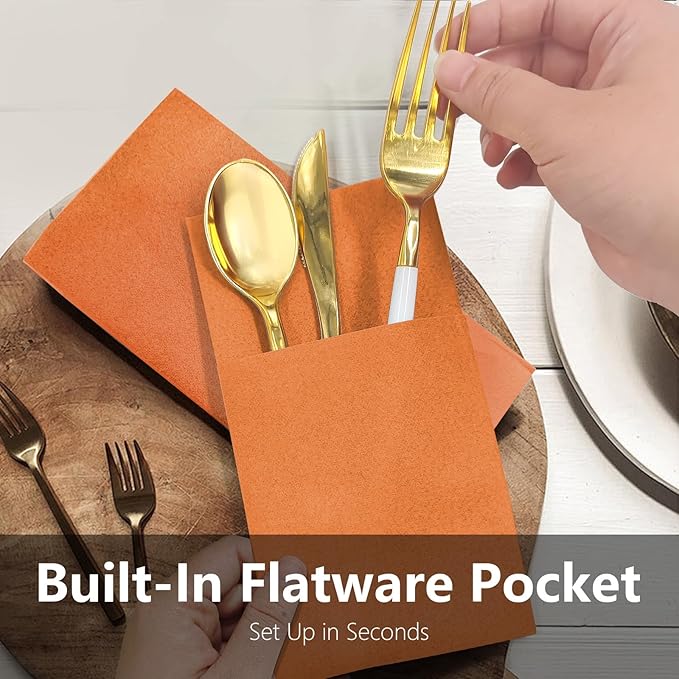 Pastel Orange Linen Feel Napkins with Flatware Pocket, 50 Pack Cloth Like Pre-Folded Napkins for Silverware, Guest Hand Towel for Dinner Party Wedding Decoration (16. x 15.5 inch)