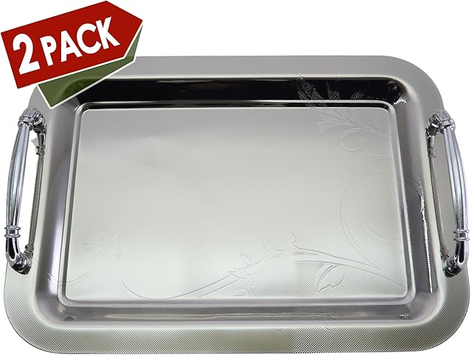 (Pack of 2) 14.2 inch x 10.2 inch Oblong Chrome Plated Mirror Silver Serving Tray with Handles Stylish Floral Engraved Decorative Party Birthday Wedding Buffet Platter Plate CC-1029