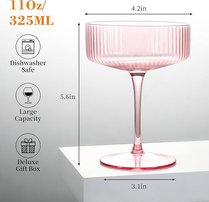 FERAHI 6 Pcs Ribbed Coupe Glasses, 10 oz Vintage Martini Glasses Set, Cute Espresso Martini Glass & Champagne Coupe Glass, Elegant Bar Glassware for Cocktails, Wine, Outdoor Entertaining & Gifts