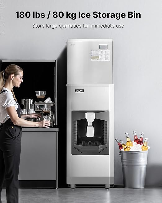 VEVOR Commercial Ice Maker, 450 Lbs/Day Ice-Making Machine, 180 Lbs Large Storage Bin with 20 Lbs/Min Automatic Ice-Dispensing, Self-Cleaning Ice Machine with Touchscreen for Bar, Cafe, Restaurant