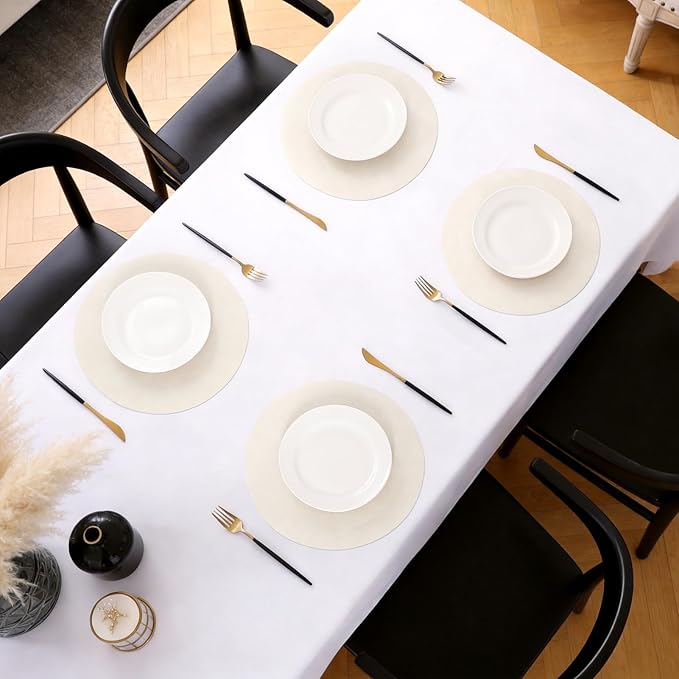 MOSAYT 13 Inch Round Vinyl Placemats Set of 4 - Faux Leather 100% Waterproof Oil-Proof Wipeable PU Place Mats, Heat Resistant Reversible Table Mats for Kitchen, Dining, Outdoor (Beige)