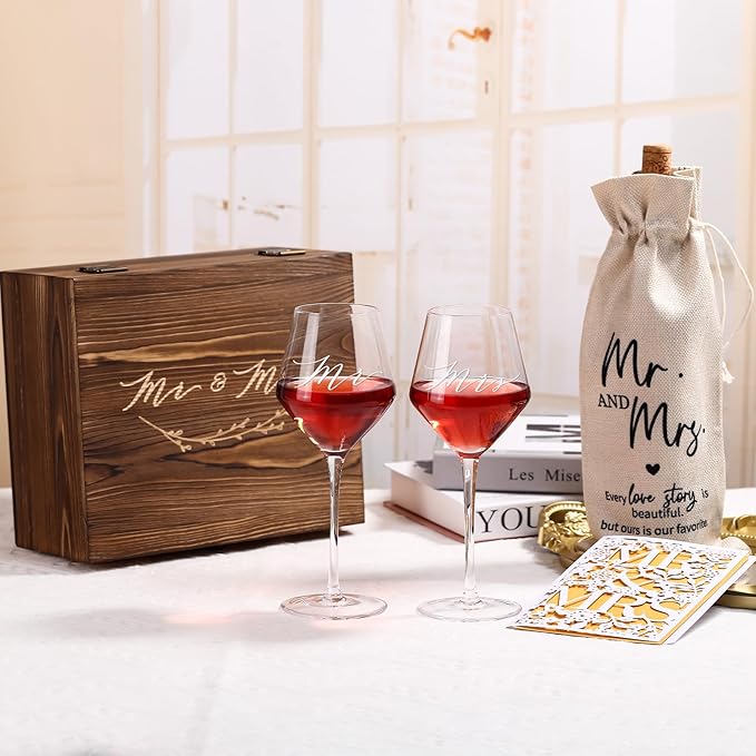 2025 Mr & Mrs Wine Glasses Gift Set with Memory Box,Wine Bag, Greeting Card – Engagement, Wedding & Newlywed Gifts for Couples, Just Engaged Gifts for Women, Christmas Couple Present