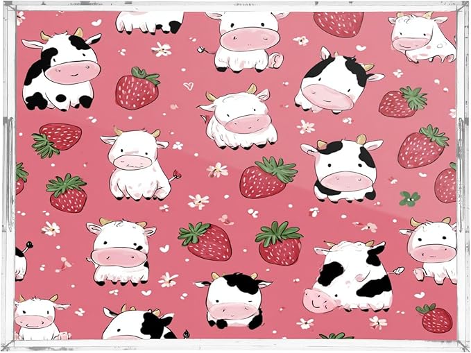 Serving Tray with Handles Clear Acrylic Tray 12x16 Inch Decorative Rectangular Tray Organizer for Ottoman Coffee Table Bathroom Cows Strawberry Flower