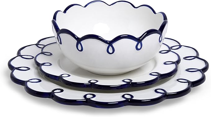 Sango 12-Piece Earthenware Dinnerware Set for 4, Glossy White Plates and Bowls Sets with Navy Scalloped Rims, Premium Dish Set, Holiday Dishes for Gifting & Hosting Christmas Party, Splash of Cheers