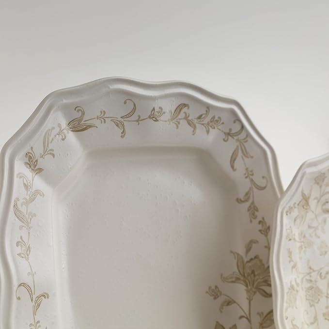 222 Fifth 12-Piece Porcelain Dinnerware Set for 4, Glossy Cream Plates and Bowls Set with Taupe Flowers, Elegant Square Ceramic Dish Set, Kitchen Tableware, Microwave & Dishwasher Safe, Batik Toile