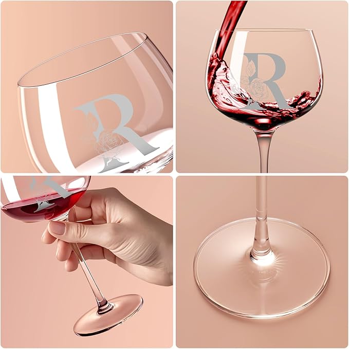 Personalized Gifts for Women, Monogrammed A-Z Wine Glass Customized Gift, Unique Christmas Birthday Gifts for Women Her Mom Friend Sister Wife Daughter Nurse (R)