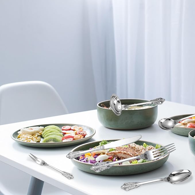 IKXO 72 Piece Silverware Set For 4 Exquisite Ergonomic Flatware Set Stainless Steel Flatware Serving Set For Home Kitchen Restaurant Hotel Mirror Finished Dishwasher Safe