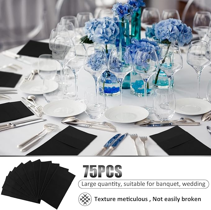 Cindeer 150 Pcs Black Linen Dinner Feel Napkins with Built in Flatware Pocket Prefolded Paper Disposable Airlaid Guest Hand Towel for Silverware Wedding Reception Christmas Baby Shower