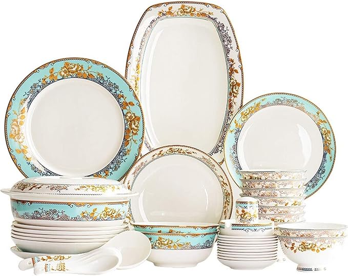 Palace Style Chip Dinnerware 56-Piece Bone China Dinnerware Set Nordic Ceramic Dinner Plates Set Porcelain Tableware Set