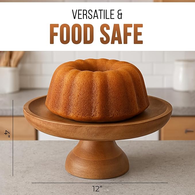 Mela Artisans Wooden Cake Stand 12 Inch | Classic Finish Mango Wood Pedestal Riser | Footed Cupcake & Dessert Stand | Multipurpose Cake Display for Home Decor | Dining Table | Pastries