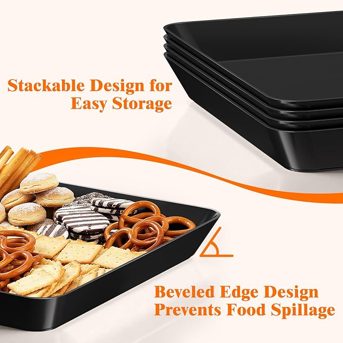 10-Pack Serving Tray Set, Reusable Plastic Serving Platter for Party Supplies, Entertaining, Grilling Accessories, Stackable Kitchen Snack Container for Dessert, Fruit, Cookie, (Black)