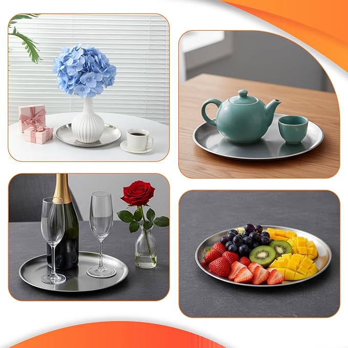 Silver Metal Serving Tray 10" Round Tray Stainless Steel Kitchen Dish Plates Rust-Proof Camping Serving Platter Metal Display Trays for Coffee Table Bar Party Club Home Ottoman, 10.3 inch/26.2 cm