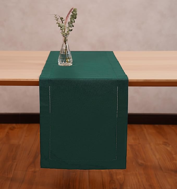 Home Ekaa 100 % Pure Linen Green Table Runner 14 x 72 Inch Long - Washable Cloth Fabric Hemstitch Runner for Christmas, Fall, Holiday, Winter & New Year - Elara