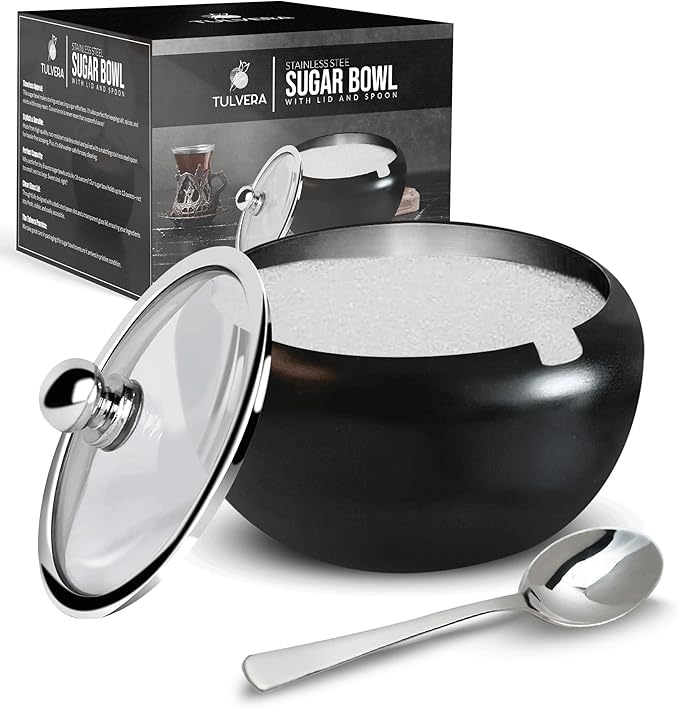 Sugar Bowl with Lid and Spoon | 12oz Sugar Container for Coffee Bar | Stainless Steel Holder Jar for Salt, Tea, Candy, Sugar Cube, Brown Sugar, Ghee | Kitchen Countertop Storage Accessories | 350ml