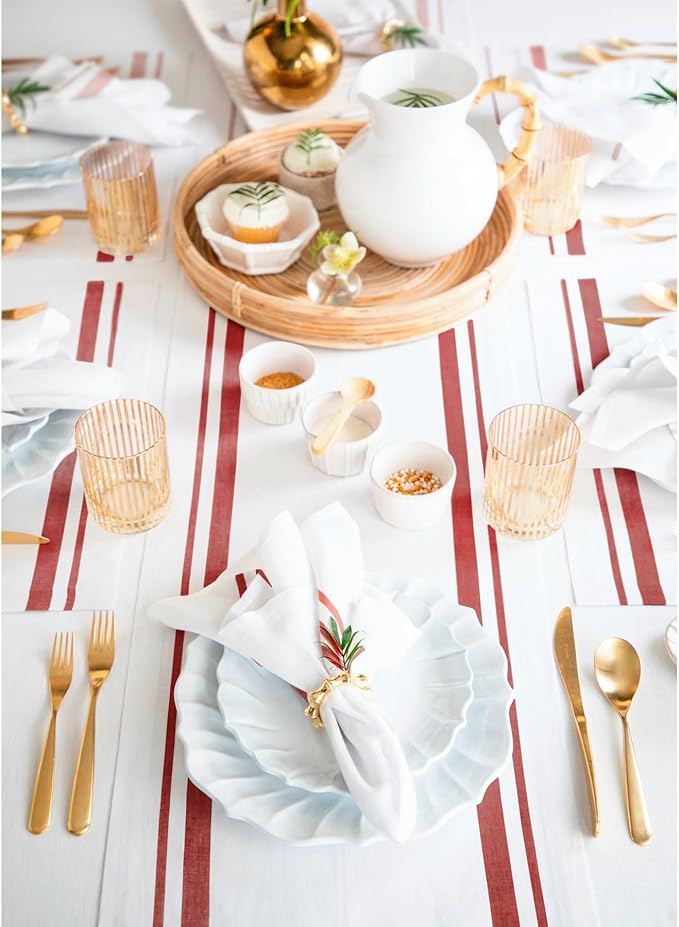 Solino Home Linen Dinner Napkins Set of 4-100% Pure Linen French Stripe Red and White Napkins 20 x 20 Inch for Christmas, Holiday, Winter, New Year