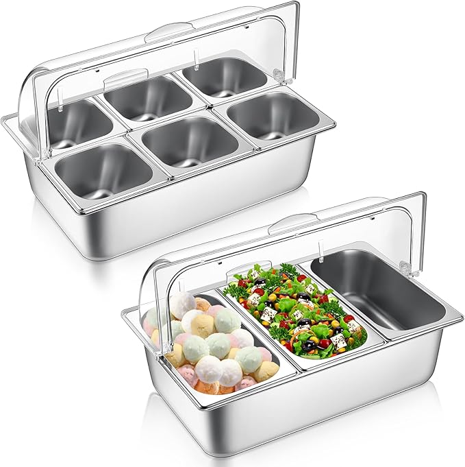2 Pack Countertop Food Serving Display Container Stainless Steel Food Serving Tray Buffet Condiment Dispenser Display Rack with Clear Roll Top Cover for Buffet (3 Pan and 6 Pan)