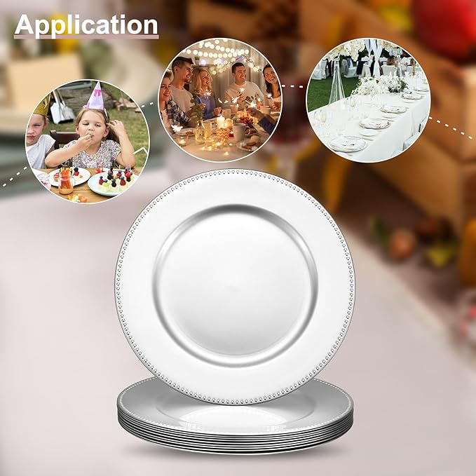 uxcell 10pcs Charger Plates Bulk 13 Inch Plastic Charger Plates Round Plate Chargers for Dinner Wedding Party Event Table Setting Decoration Silver (Pack of 2)