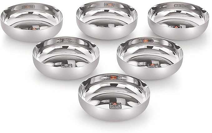 Priya Heavy Stainless Steel Set of 6 Plates,| Serving Dessert Curry Soup Bowls Wati Vati Katori | Small Rice Side Dishes | Kitchen & Dining,Solid