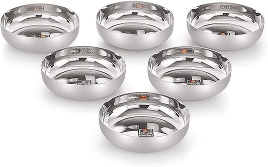 Priya Heavy Stainless Steel Set of 6 Plates,| Serving Dessert Curry Soup Bowls Wati Vati Katori | Small Rice Side Dishes | Kitchen & Dining,Solid
