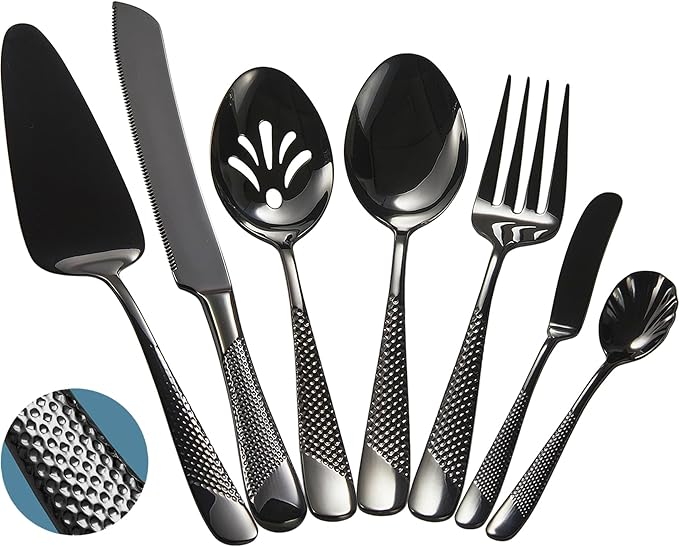 Xideman® 7-Piece Hammered 18/10 Stainless Steel Silverware Serving Utensil Set - Hostess Flatware with Cake Knife & Cake Server (Black)