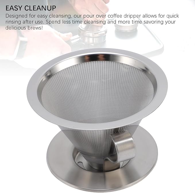 Pour Over Coffee Dripper, Stainless Steel Reusable Filter, Coffee Maker for 1-2Cups Brew, Double Mesh Design of Manual Reusable Cone Filter