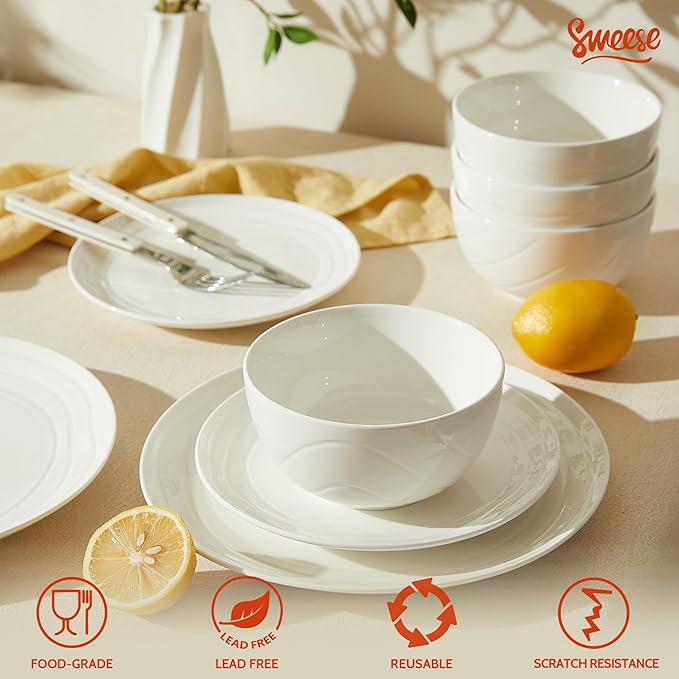 Sweese Porcelain Dinnerware Sets for 6, 18 Pieces Ceramic Plates and Bowls Sets, Handcrafted Minimalist Dinner Set, Chip and Scratch Resistant Dish Set, Dishwasher & Microwave Safe, White