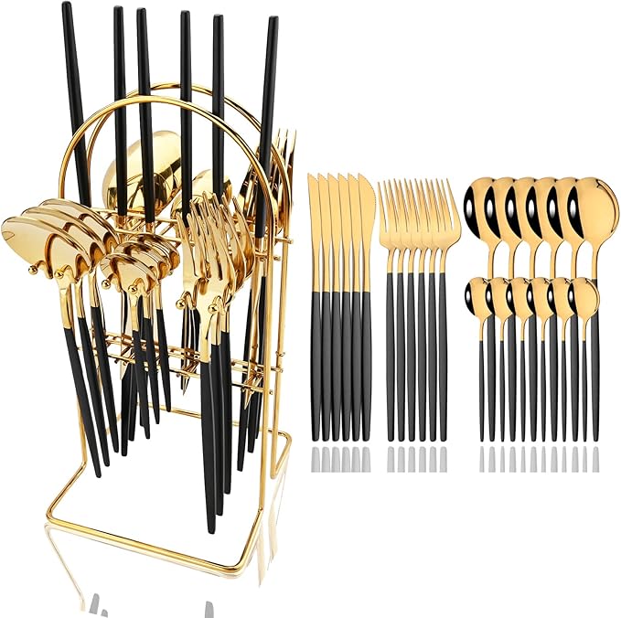 JASHII 24-piece Forks and Spoons Silverware Set with Stand, Metal Tableware Cutlery Set Titanium Black and Golden Plated Stainless Steel Flatware Set,Service for 6,Mirror Polished
