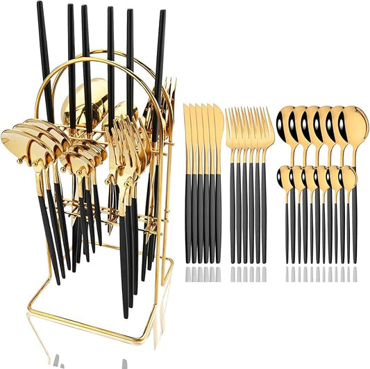 JASHII 24-piece Forks and Spoons Silverware Set with Stand, Metal Tableware Cutlery Set Titanium Black and Golden Plated Stainless Steel Flatware Set,Service for 6,Mirror Polished