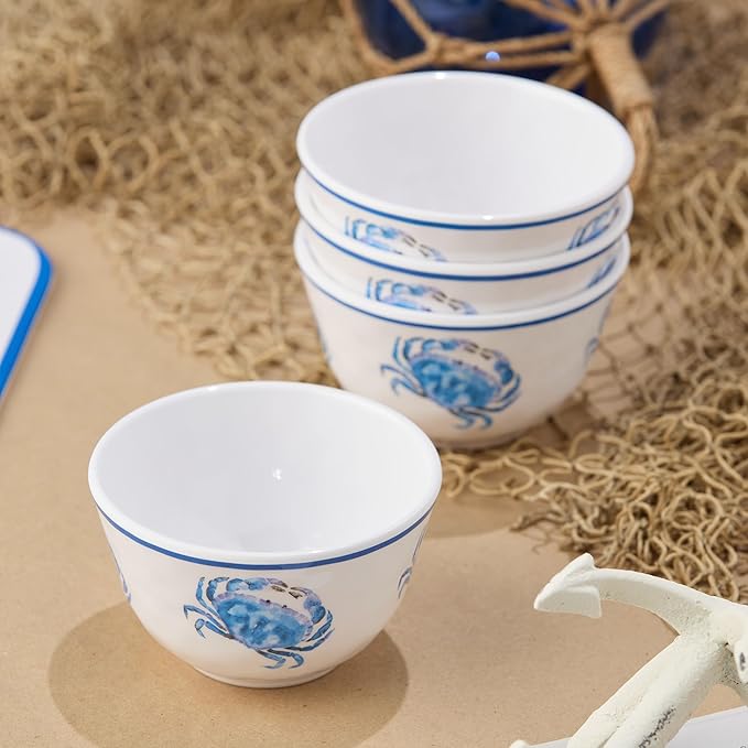 Beach House Crab 8-Piece Melamine Canapé Plate & Dip Bowl Set – Coastal Serveware for Appetizers, Snacks, Dips & Desserts – Shatterproof, Chip-Resistant, Indoor/Outdoor Dining & Entertaining