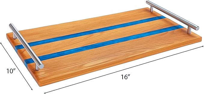 Oak Wood Epoxy Resin Serving Tray with Silver Handal and dubal Epoxy Looks for Food Breakfast in Bed Coffee Table Decor Serving Tray