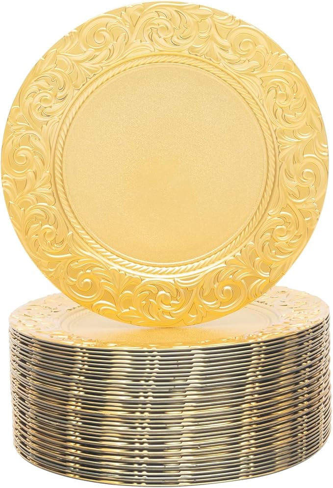 100 Pcs Antique Charger Plates 13 Inch Embossed Rim Plastic Decorative Round for Table Setting Wedding Party Event Tabletop Setting Decor (Gold)